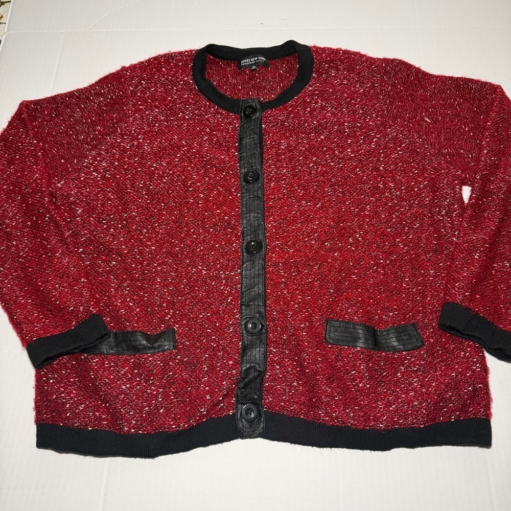Jones New York Red and Black Knit Cardigan Sweater